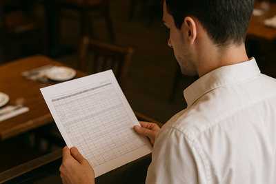 Restaurant manager reviewing staff schedule in office before dinner service