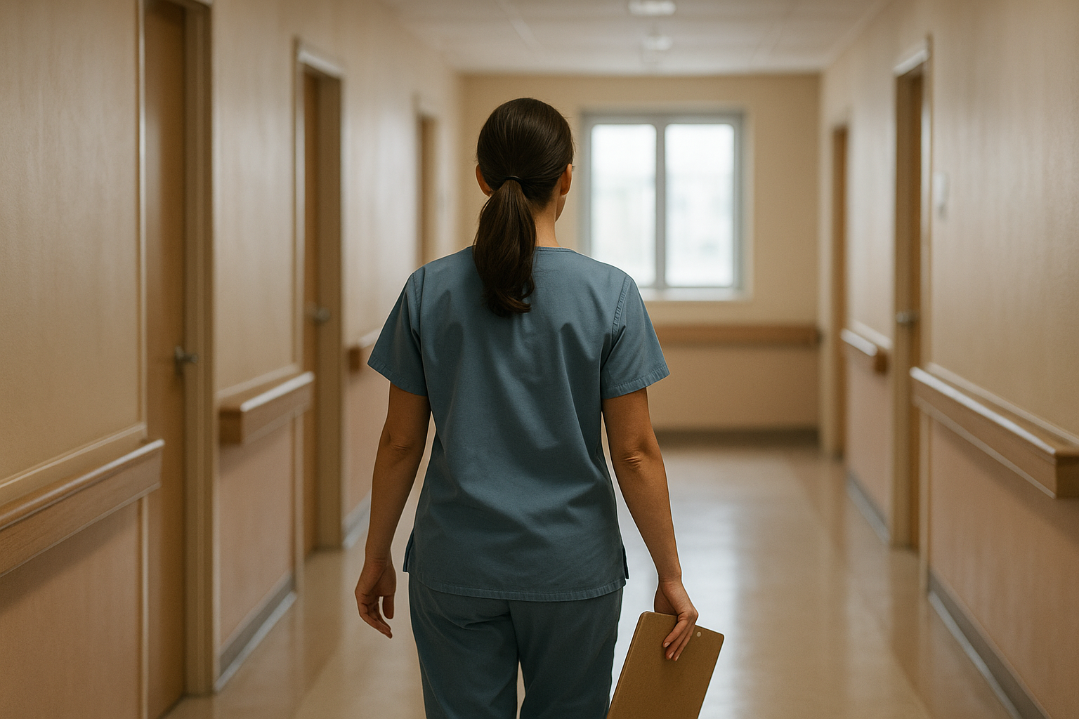 Nursing home supervisor reviewing staffing board at nurses station