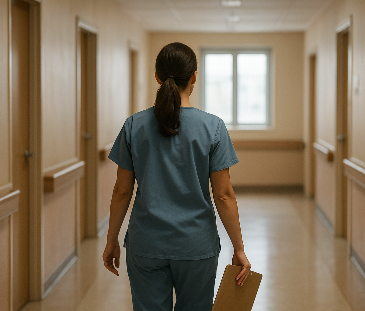 Nursing home supervisor reviewing staffing board at nurses station
