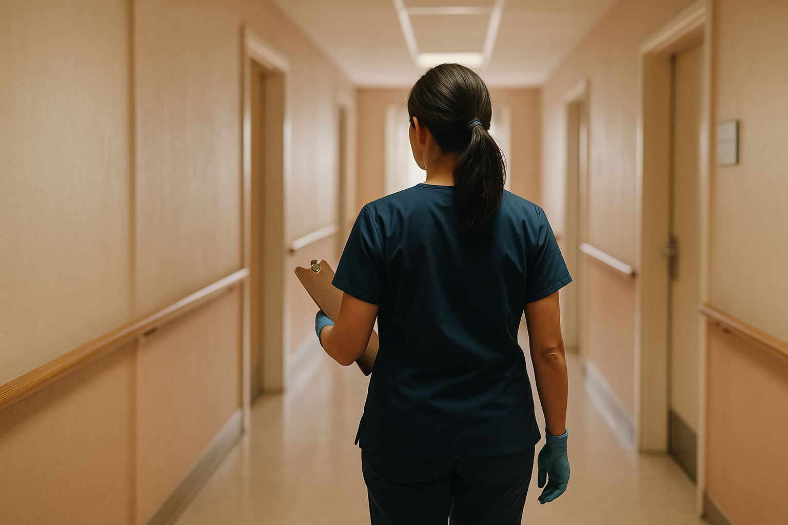 Nursing home charge nurse reviewing schedule at station during busy shift