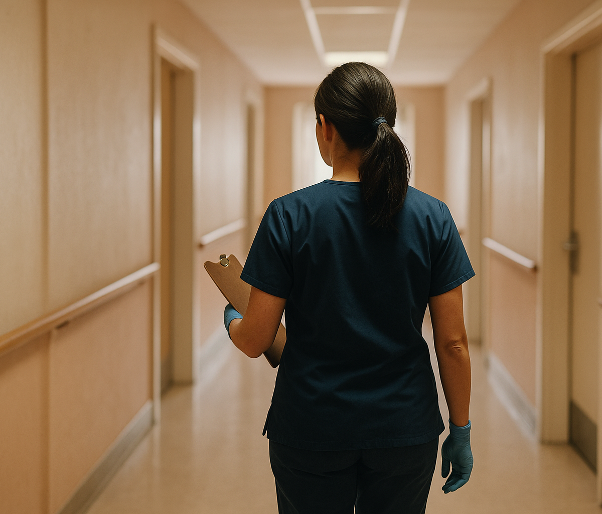 Nursing home charge nurse reviewing schedule at station during busy shift
