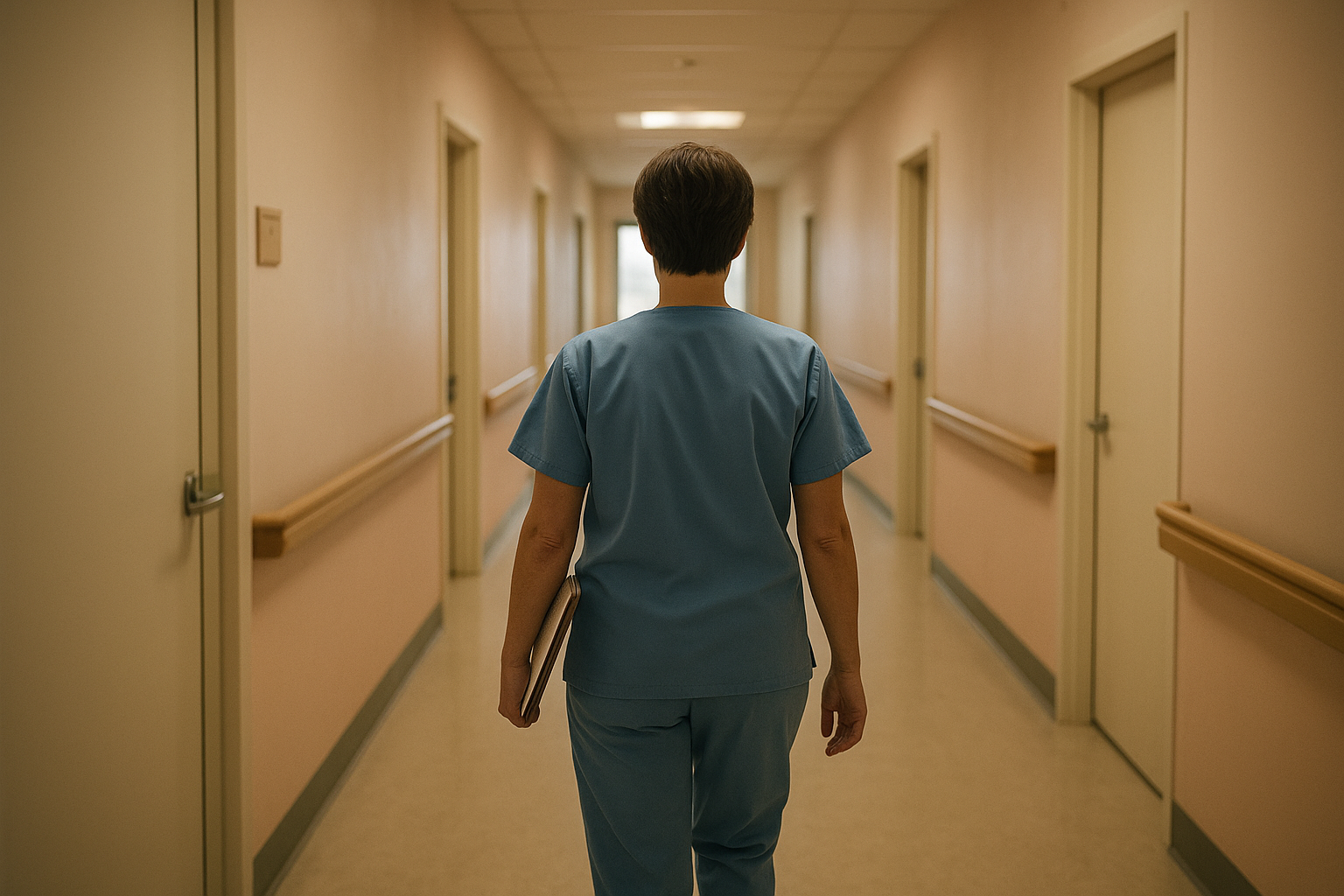 Nursing home supervisor reviewing staffing schedule at nurses station