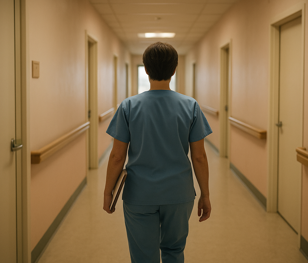 Nursing home supervisor reviewing staffing schedule at nurses station