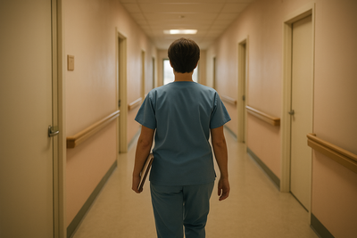 Nursing home supervisor reviewing staffing schedule at nurses station