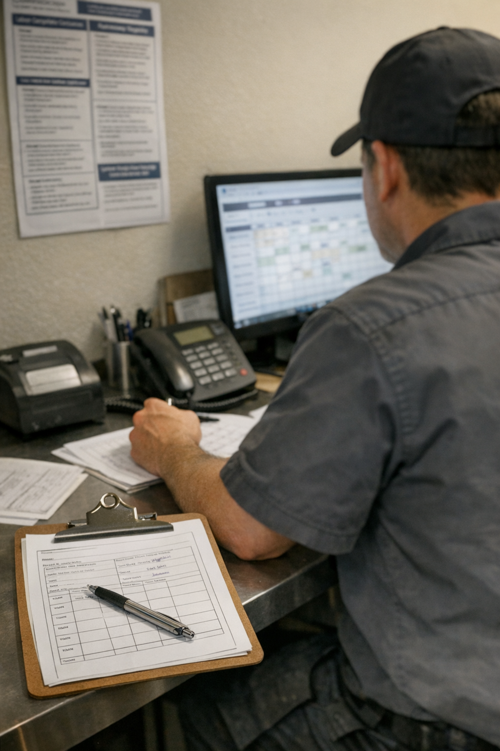 Restaurant manager reviewing staff schedule in busy kitchen office