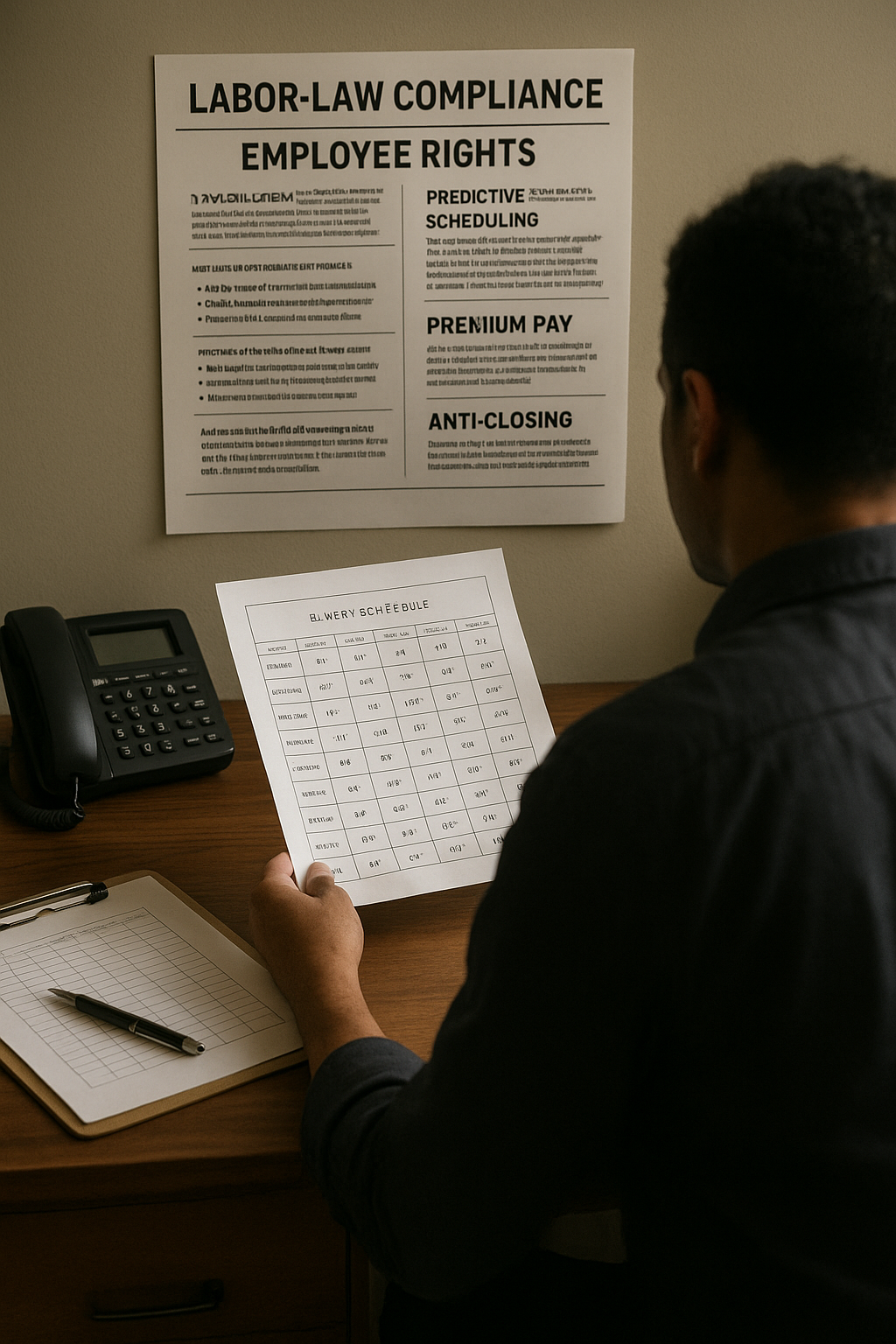 Restaurant manager reviewing staff schedule on tablet in busy dining room