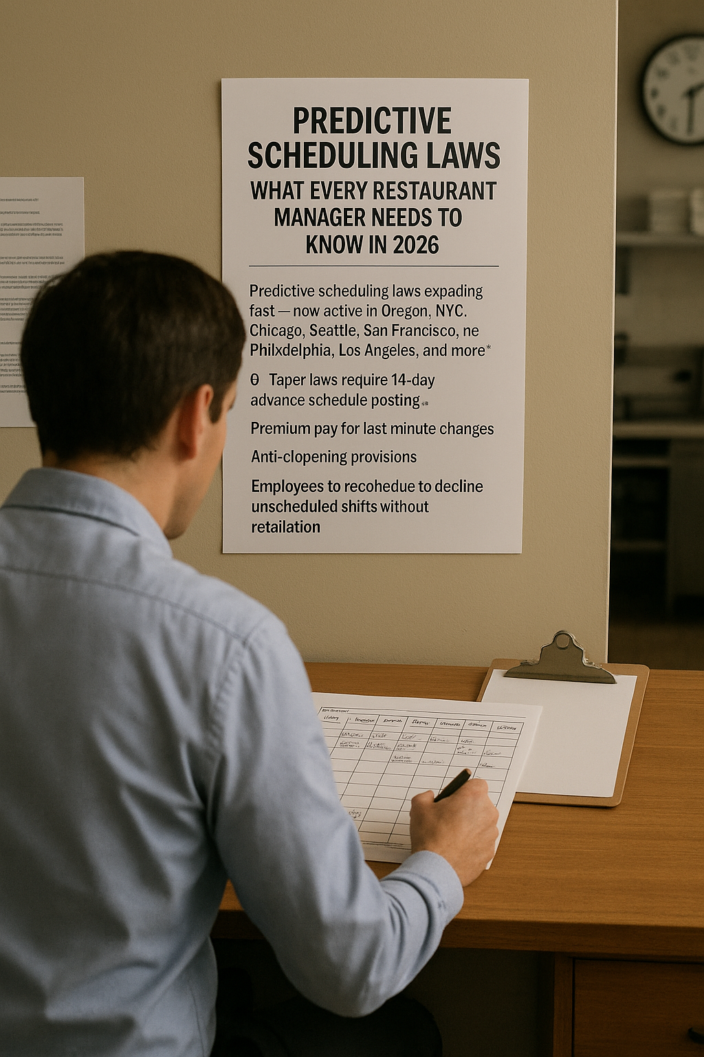 Restaurant manager reviewing staff schedule in office before dinner service