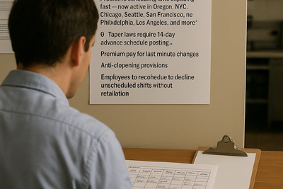 Restaurant manager reviewing staff schedule in office before dinner service