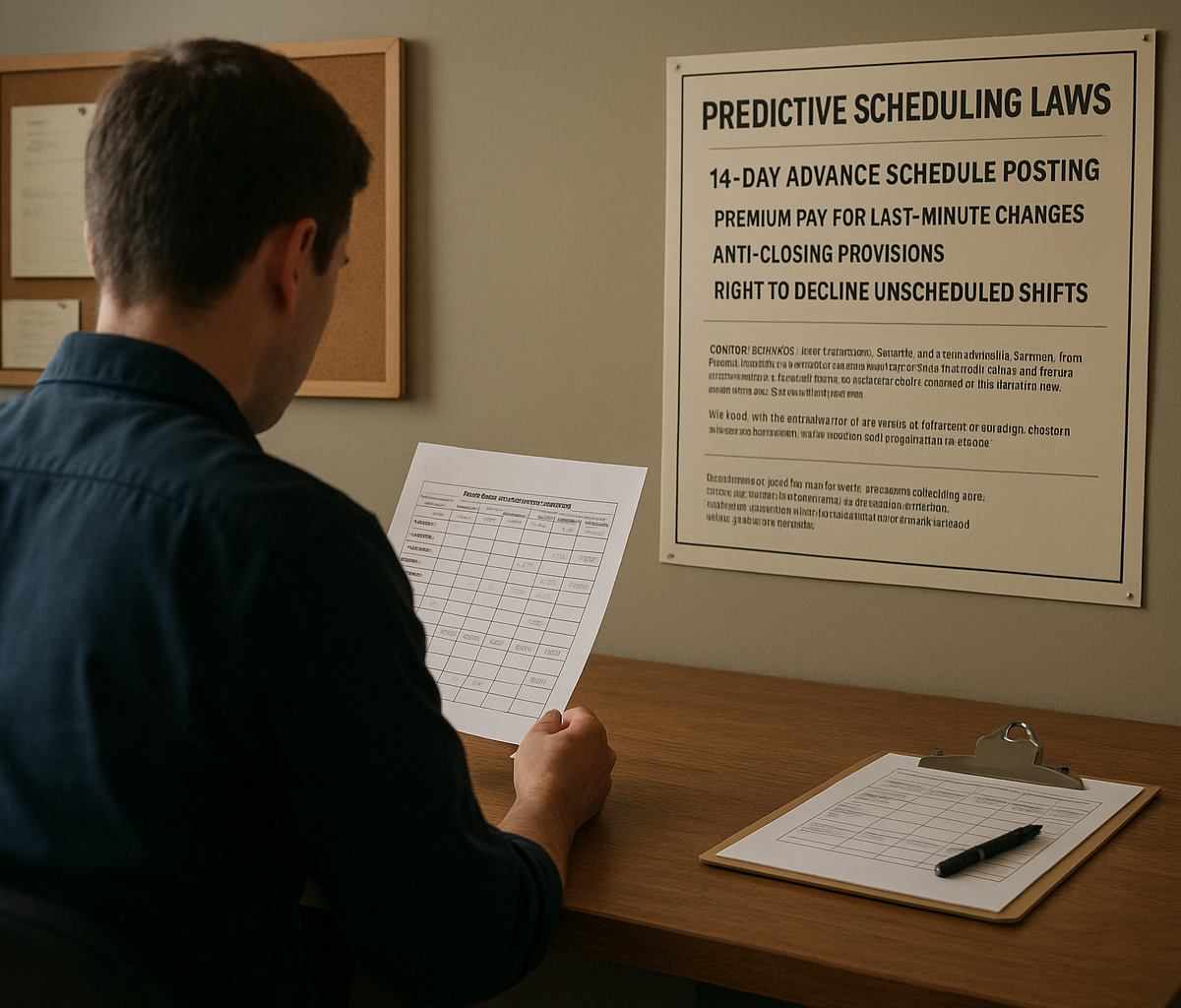 Restaurant manager reviewing staff schedule in office beside kitchen line