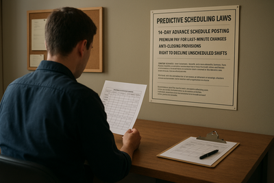 Restaurant manager reviewing staff schedule in office beside kitchen line