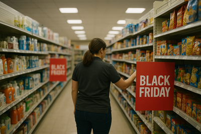 Retail manager reviewing schedules on tablet before store opening rush