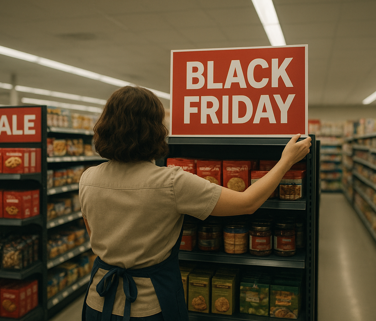 Retail manager reviewing staffing schedule before store opening on Black Friday