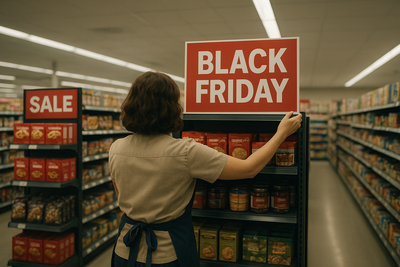 Retail manager reviewing staffing schedule before store opening on Black Friday