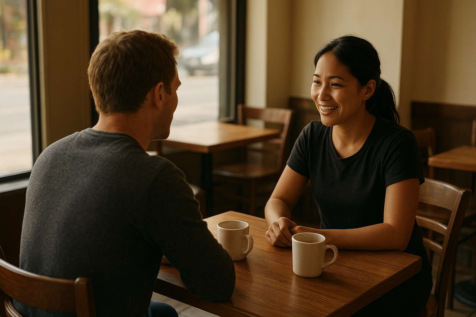 Restaurant manager reviewing staff schedule with servers before opening shift