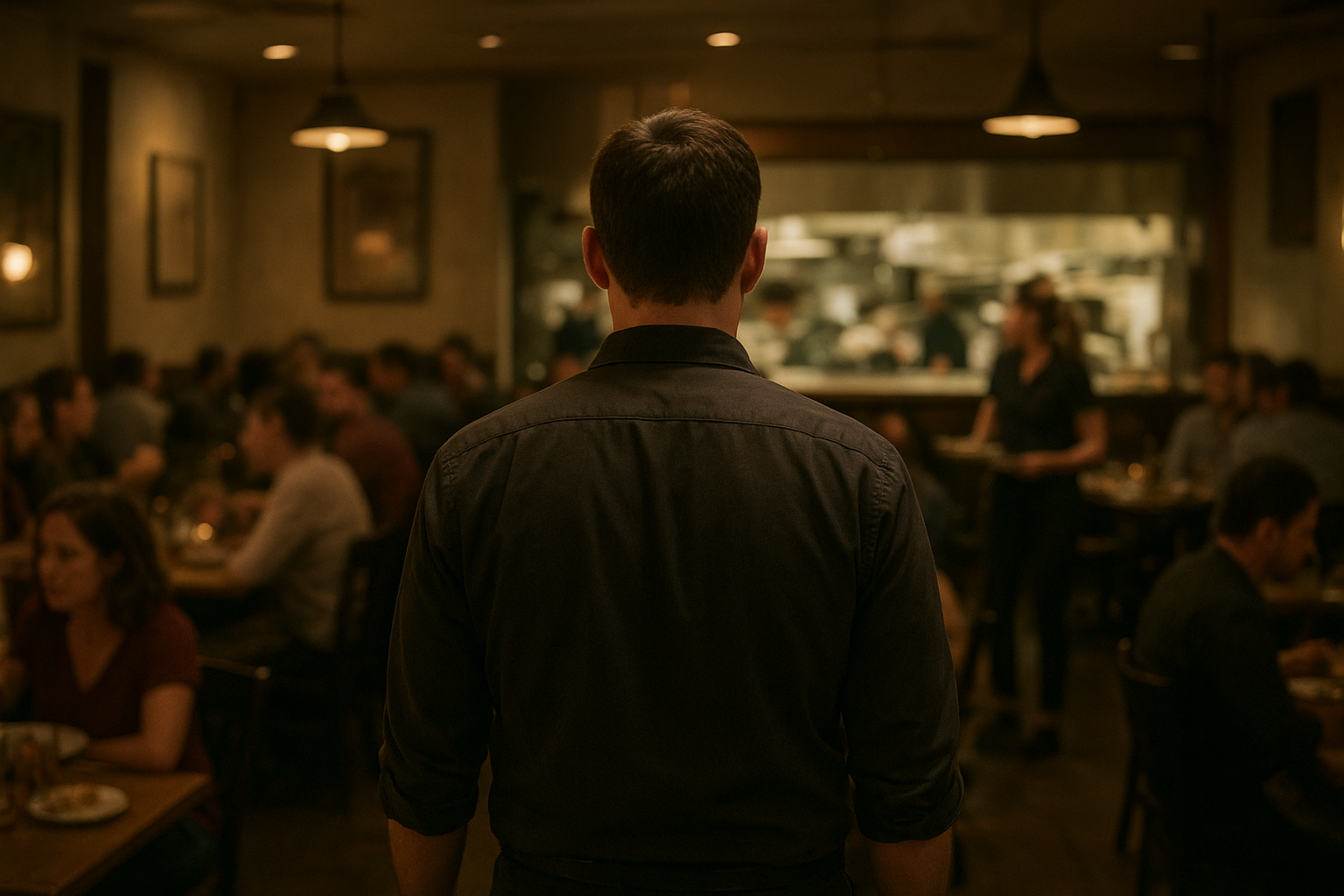 Restaurant manager reviewing schedule while short-staffed team works dinner service