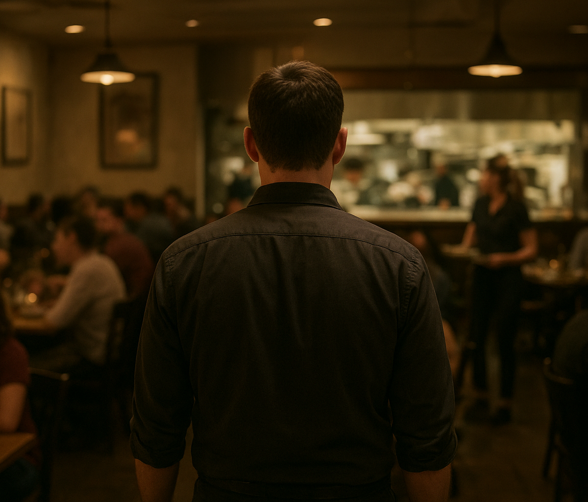 Restaurant manager reviewing schedule while short-staffed team works dinner service