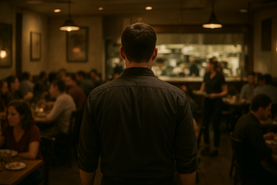 Restaurant manager reviewing schedule while short-staffed team works dinner service
