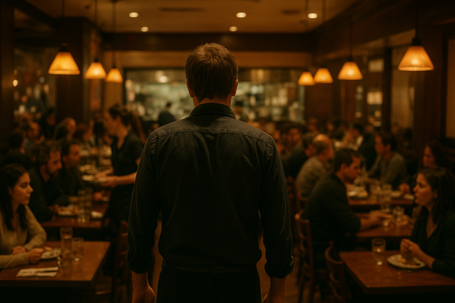 Restaurant manager reviewing schedule while kitchen staff rush during dinner service