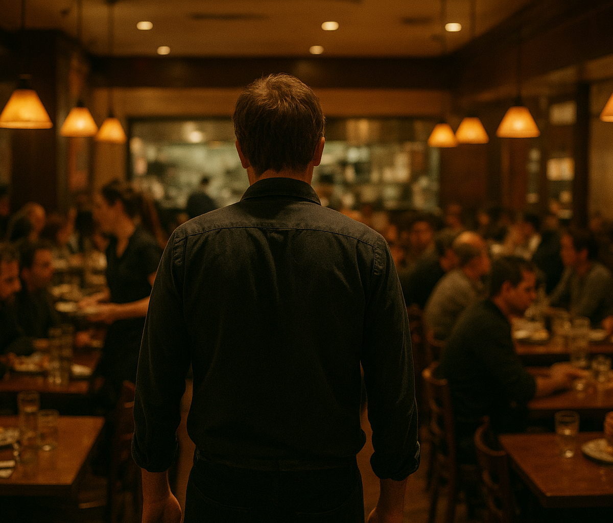 Restaurant manager reviewing schedule while kitchen staff rush during dinner service