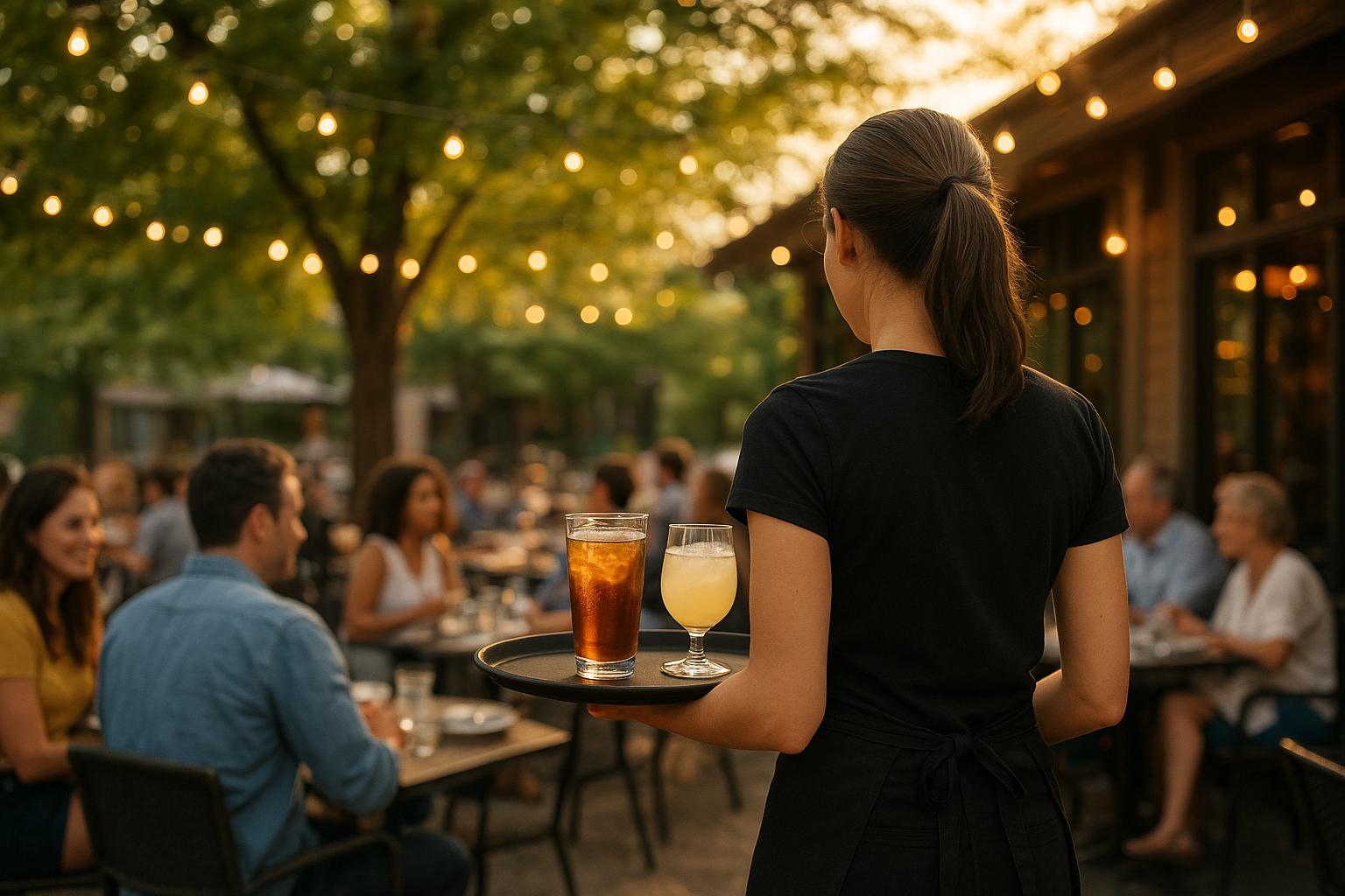 Restaurant manager reviews schedule with seasonal staff in busy dining room