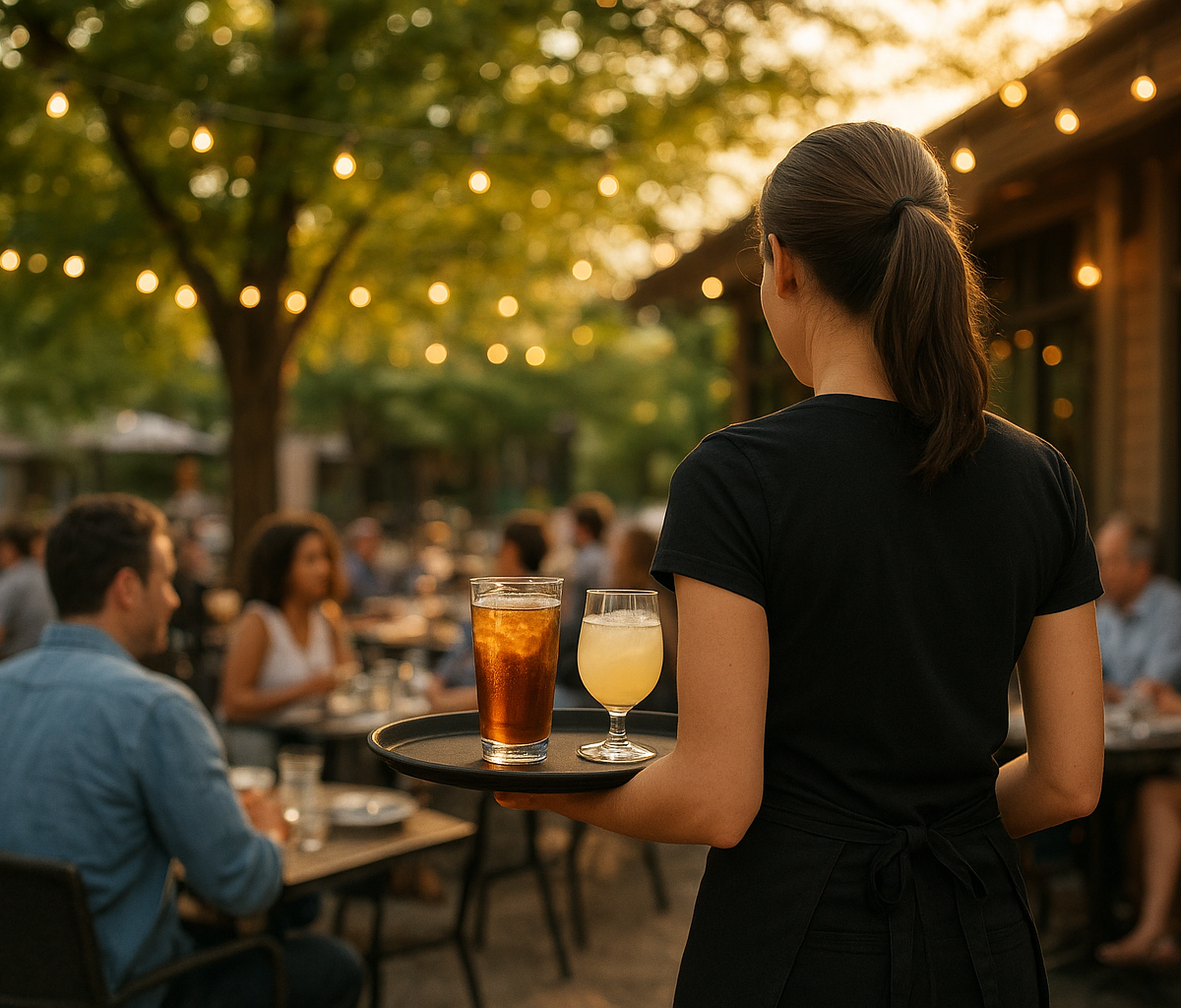 Restaurant manager reviews schedule with seasonal staff in busy dining room