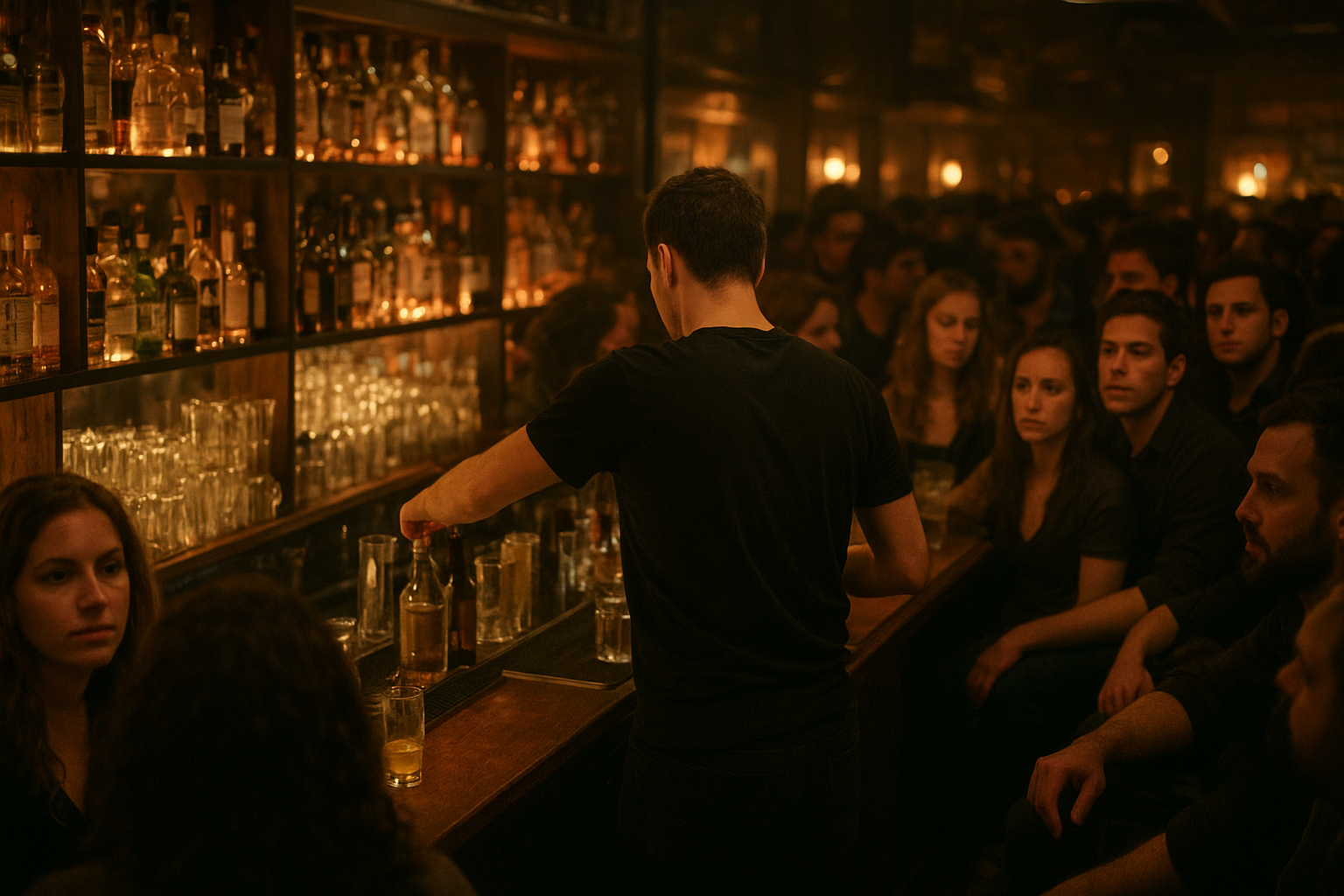 Bar manager checking phone while bartenders work a crowded Friday night
