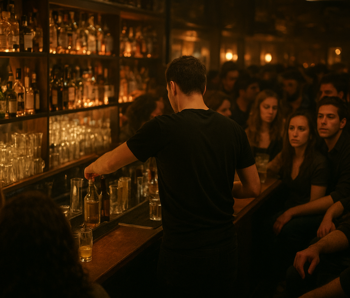 Bar manager checking phone while bartenders work a crowded Friday night