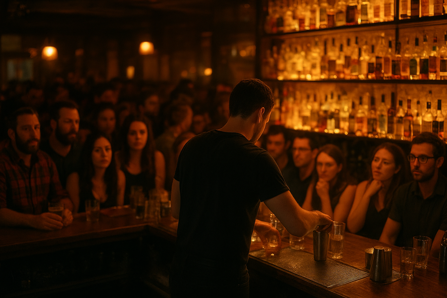 Bar manager checking phone while bartenders serve crowded Friday night bar