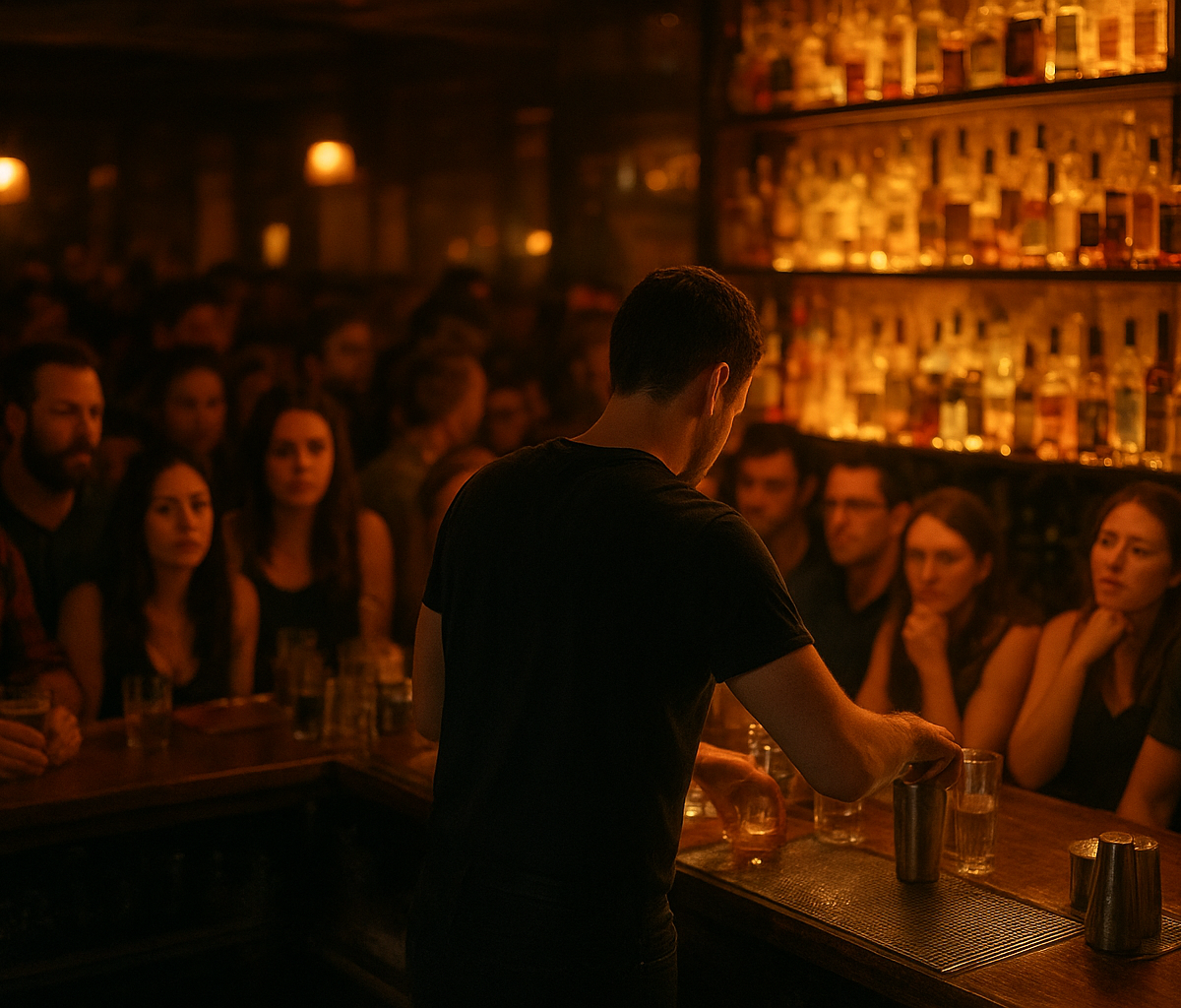 Bar manager checking phone while bartenders serve crowded Friday night bar