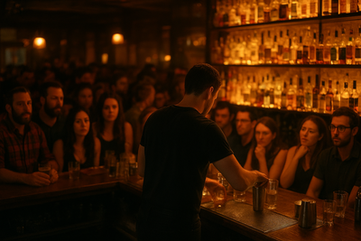 Bar manager checking phone while bartenders serve crowded Friday night bar