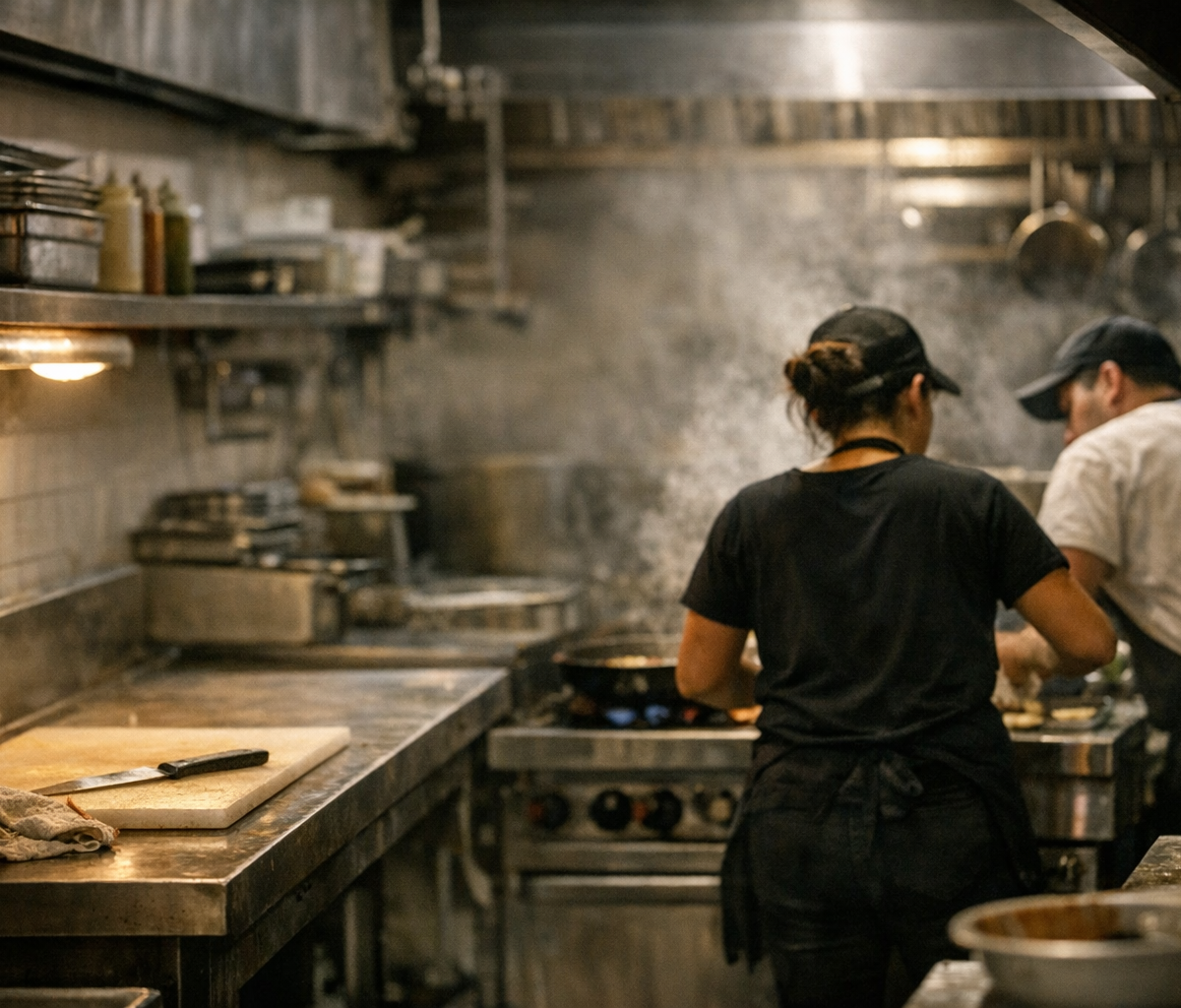 Restaurant manager reviewing schedule while tired servers work busy dinner shift