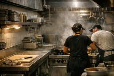 Restaurant manager reviewing schedule while tired servers work busy dinner shift