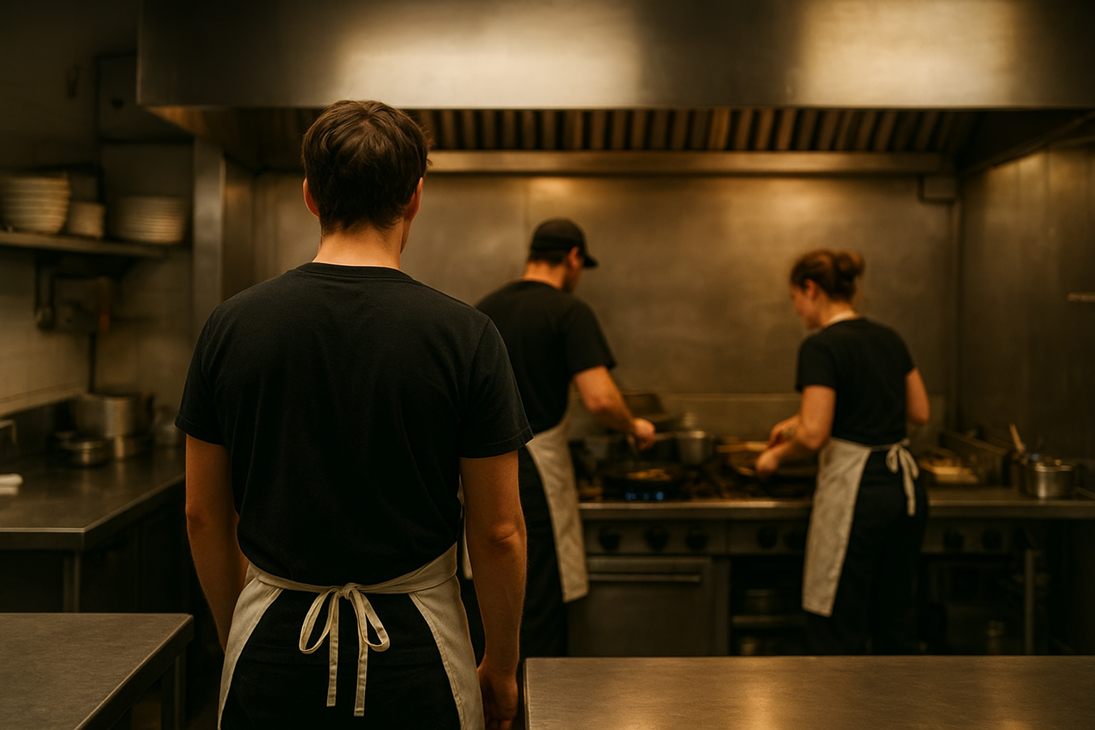 Restaurant manager reviewing schedule while tired servers work a busy shift