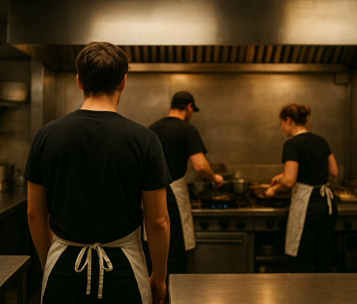Restaurant manager reviewing schedule while tired servers work a busy shift