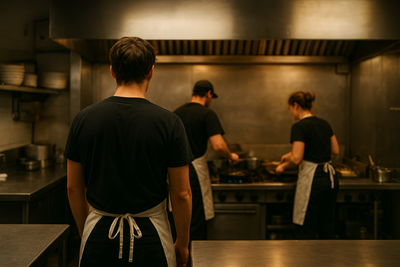 Restaurant manager reviewing schedule while tired servers work a busy shift