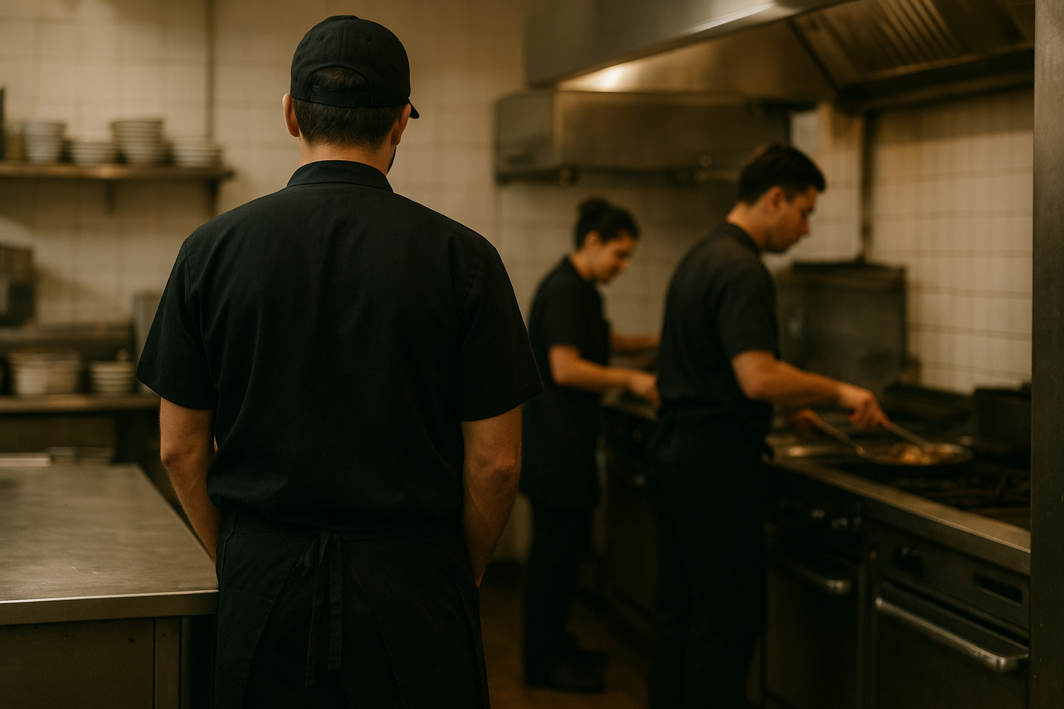 Restaurant manager reviewing shift schedule while staff work busy dinner service