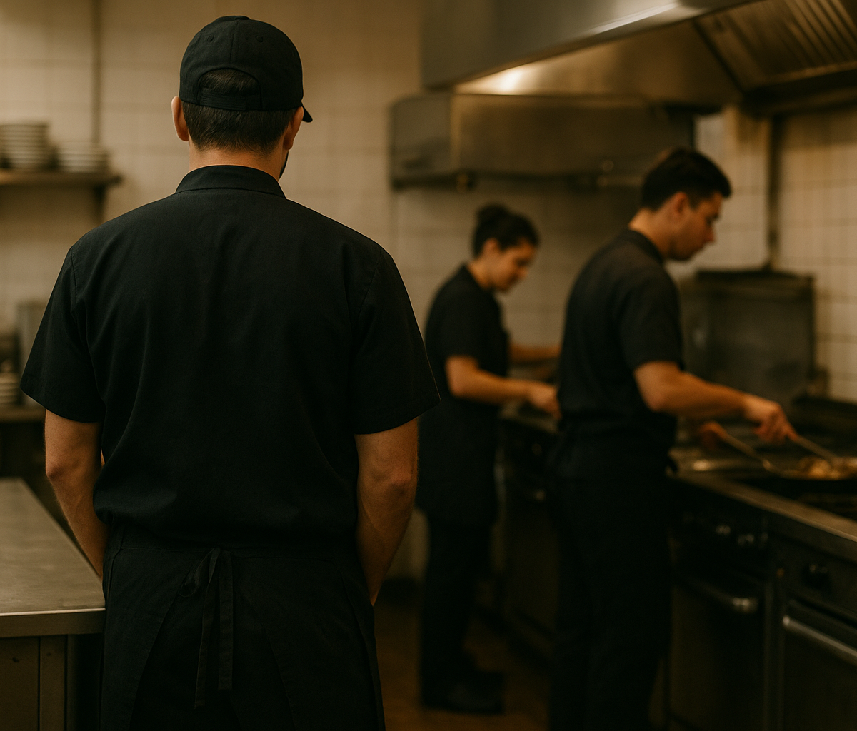 Restaurant manager reviewing shift schedule while staff work busy dinner service