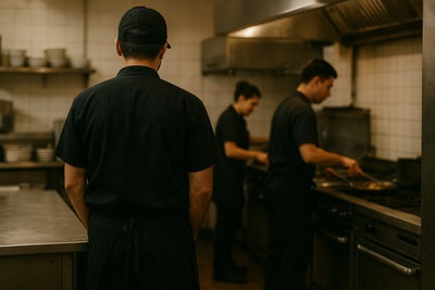 Restaurant manager reviewing shift schedule while staff work busy dinner service