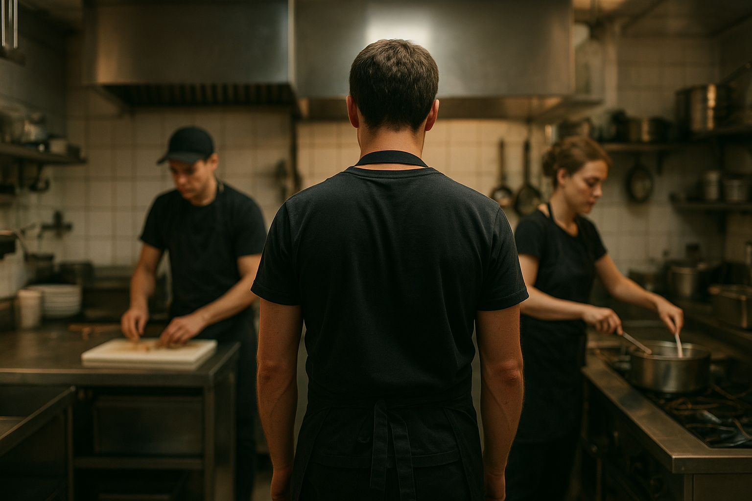 Restaurant manager reviewing schedule while tired servers prep dining room
