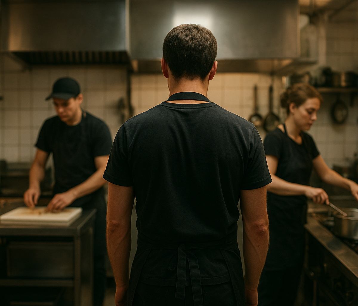 Restaurant manager reviewing schedule while tired servers prep dining room