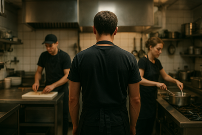 Restaurant manager reviewing schedule while tired servers prep dining room