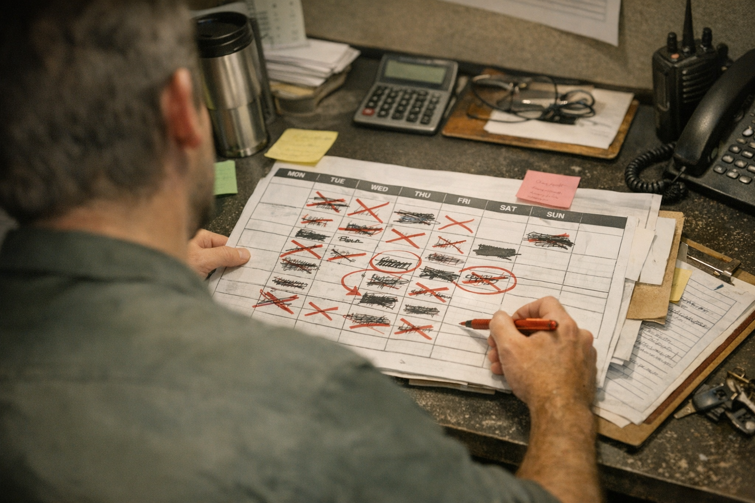 Restaurant manager reviewing schedule while cook speaks in busy kitchen