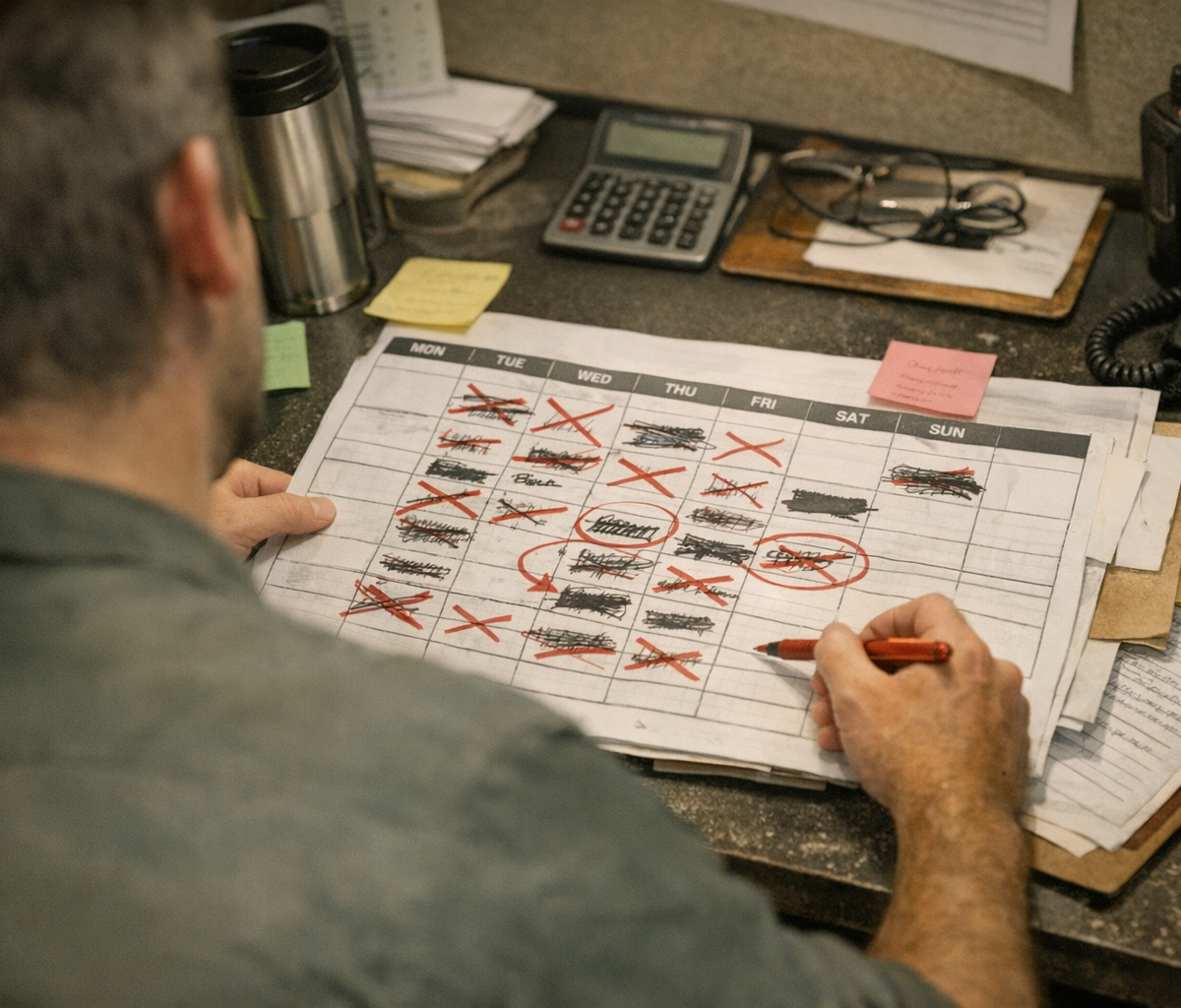 Restaurant manager reviewing schedule while cook speaks in busy kitchen