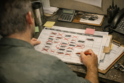 Restaurant manager reviewing schedule while cook speaks in busy kitchen