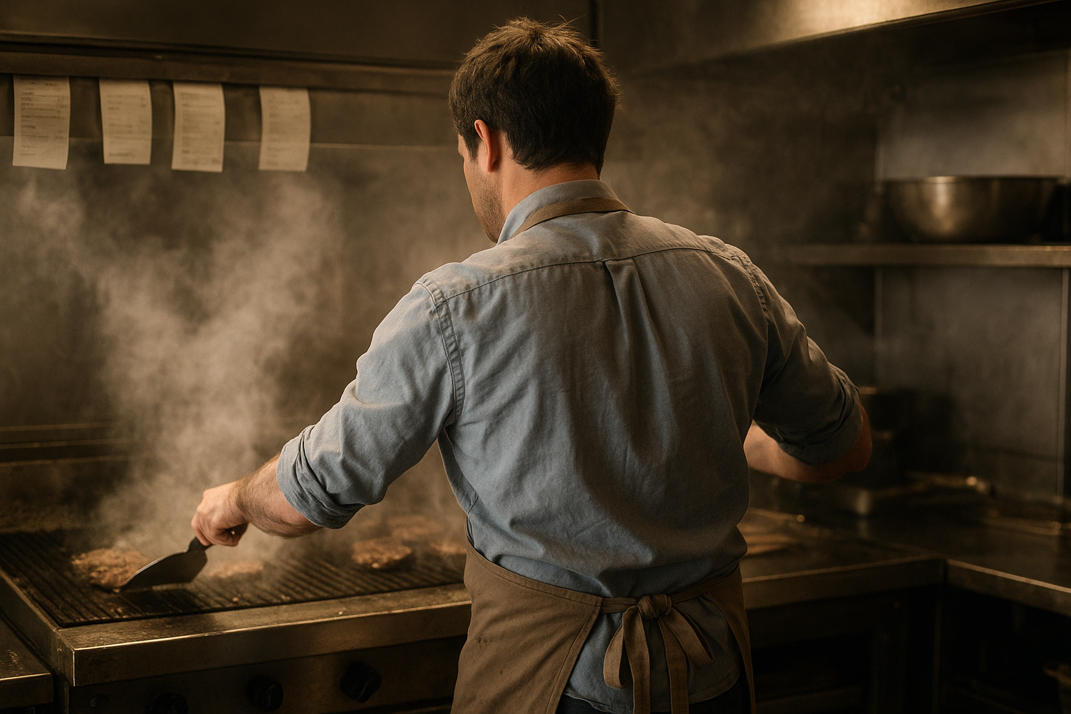 Restaurant manager checking tickets while stepping onto a busy kitchen line
