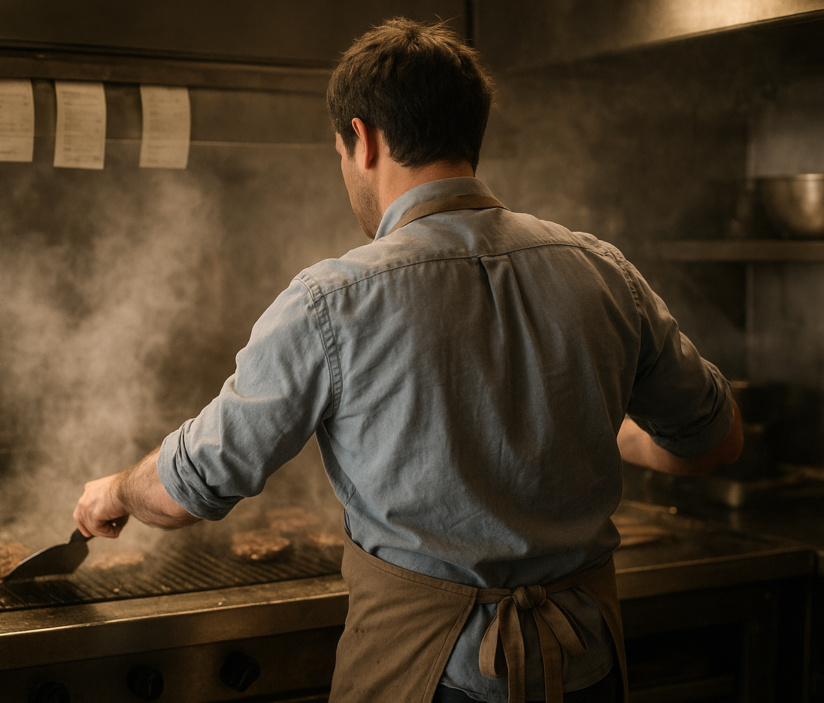 Restaurant manager checking tickets while stepping onto a busy kitchen line