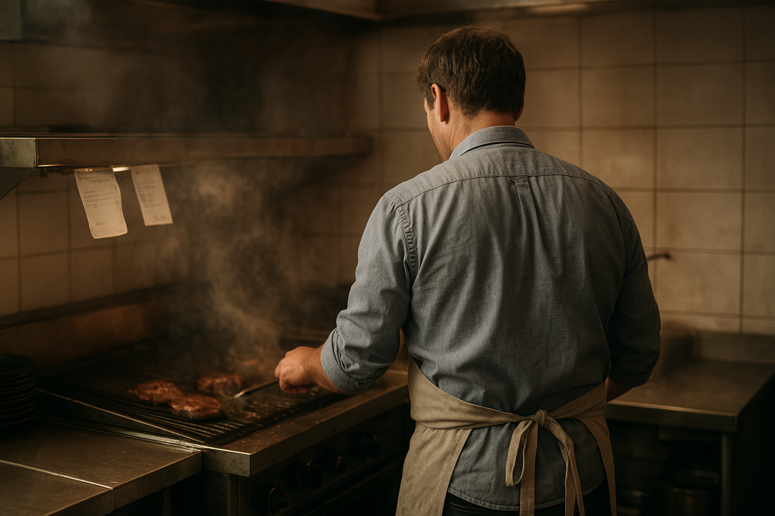 Restaurant manager checking schedule while cooks work on a busy line