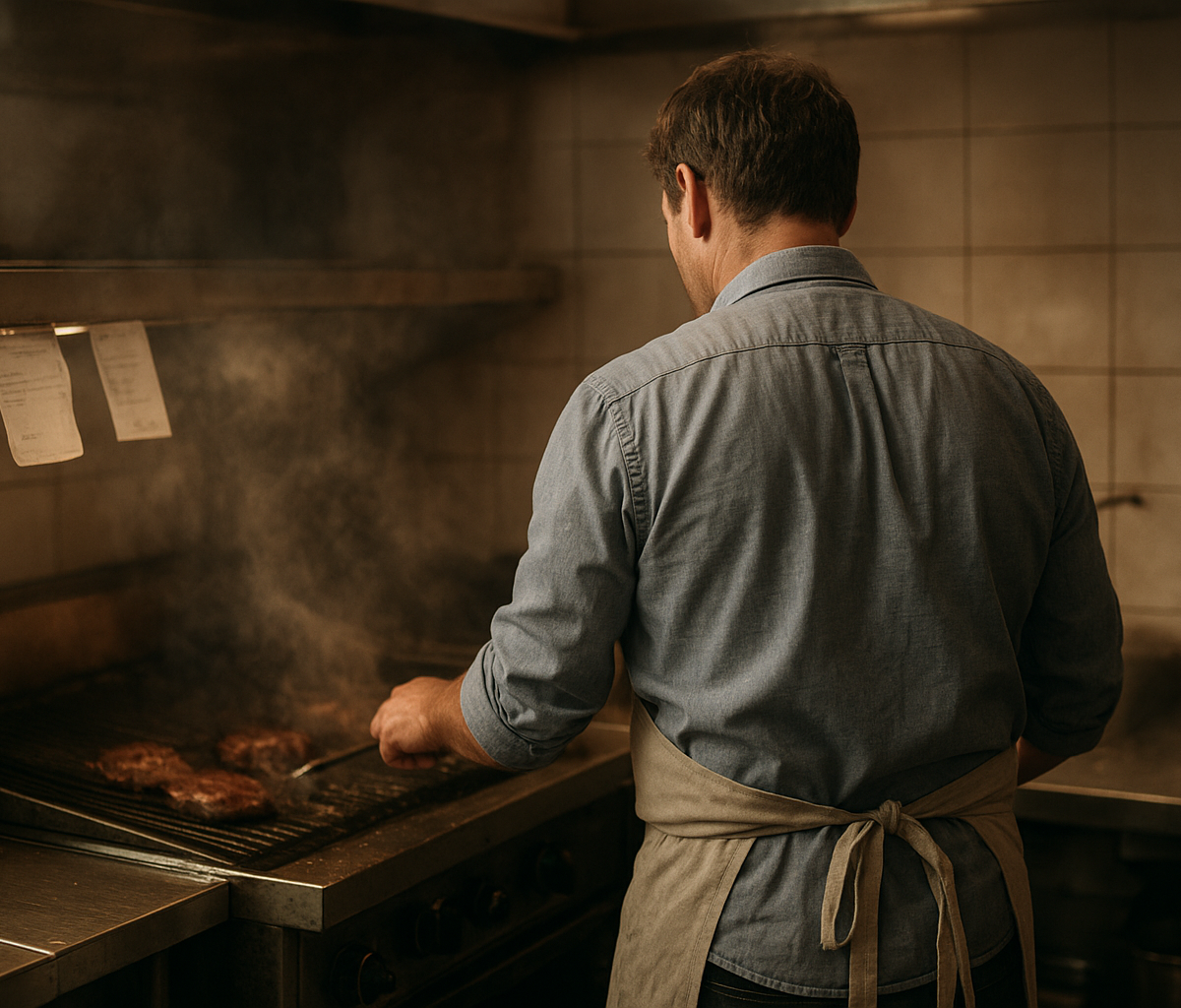 Restaurant manager checking schedule while cooks work on a busy line
