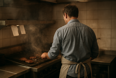 Restaurant manager checking schedule while cooks work on a busy line