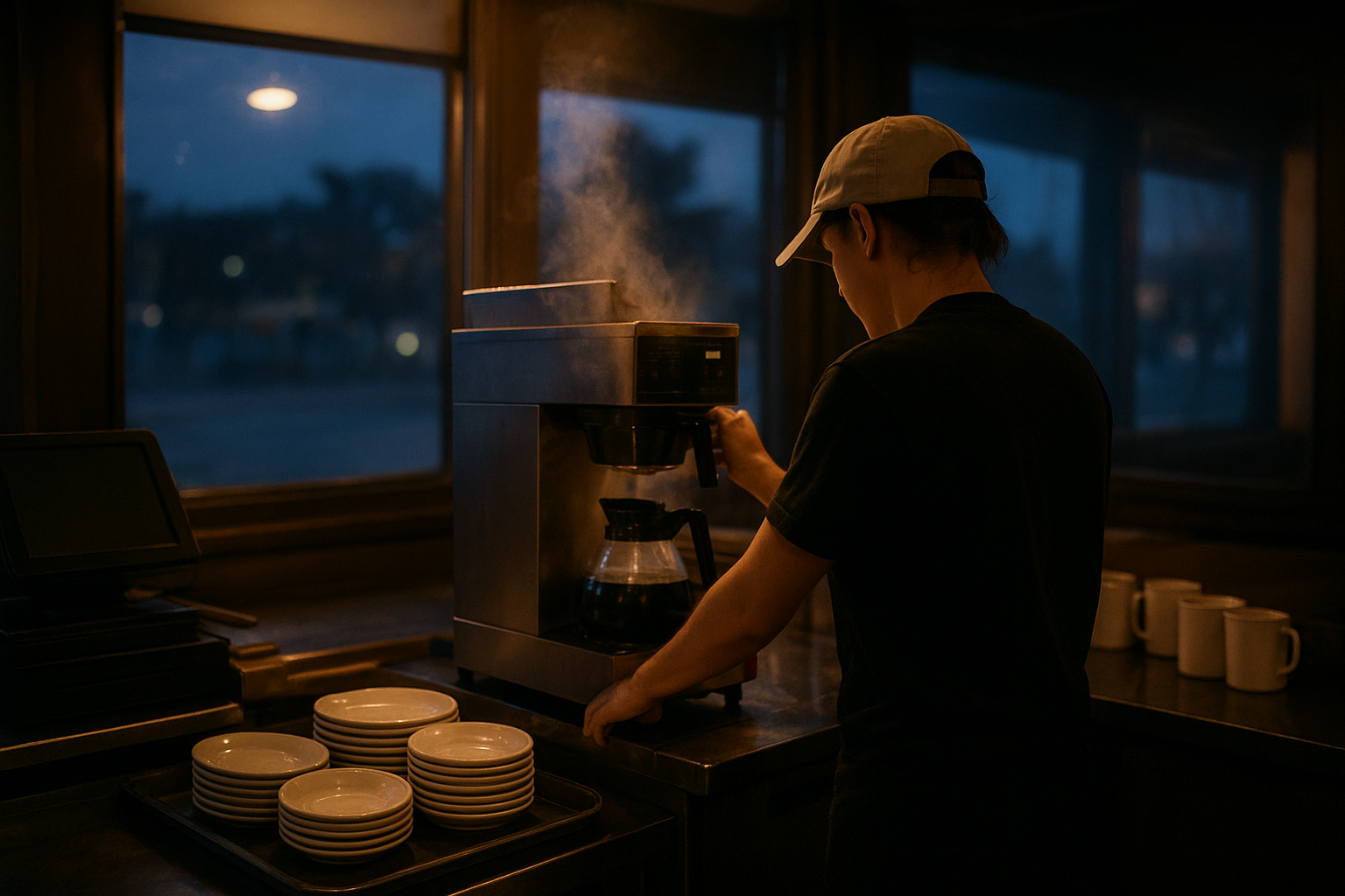 Coffee shop manager checking phone beside espresso bar before sunrise